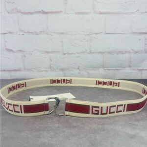 Gucci NWT Mens Logo Stripe Elastic Belt White Red Stretch Fabric 523344 105/42